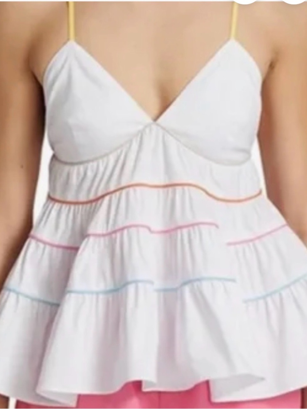 STAUD White Tiered tank with Yellow Straps and blue, pink and orange piping.